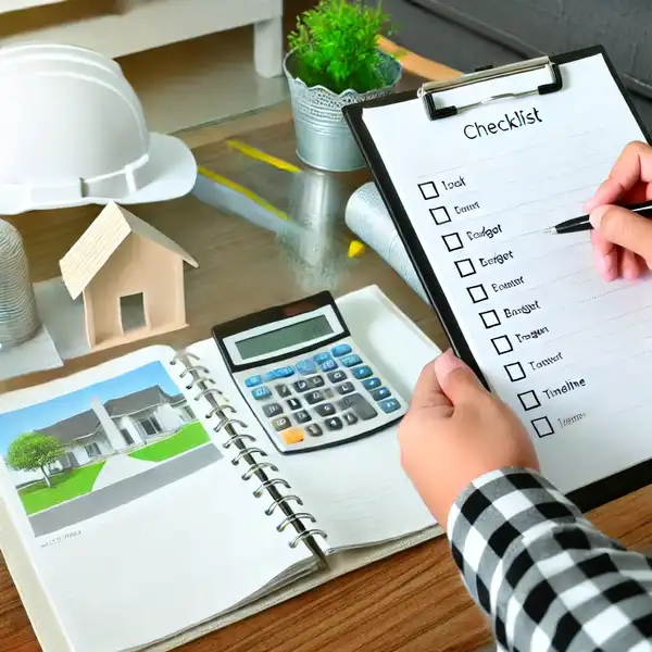 A modern home renovation project Start with a Plan, showing a person reviewing a checklist, budget, and timeline for the renovation