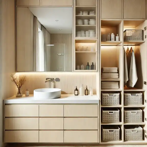 A bathroom with modern built in cabinets