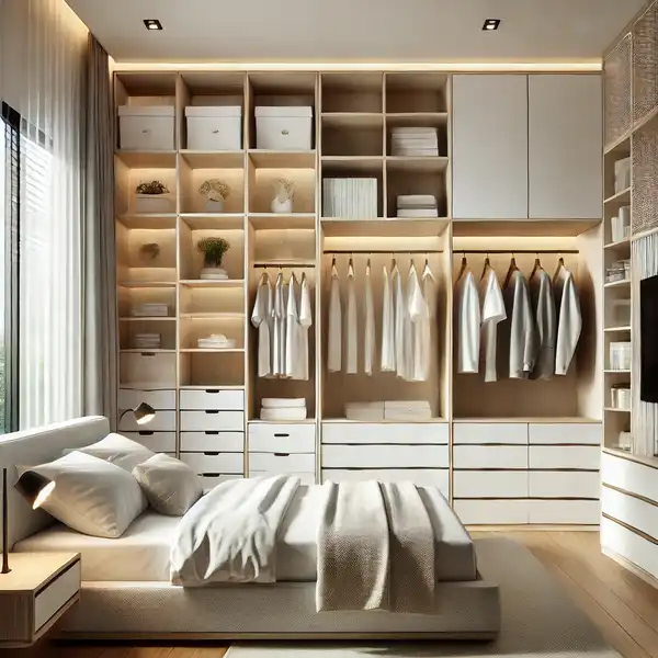 A bedroom with modern built in cabinets