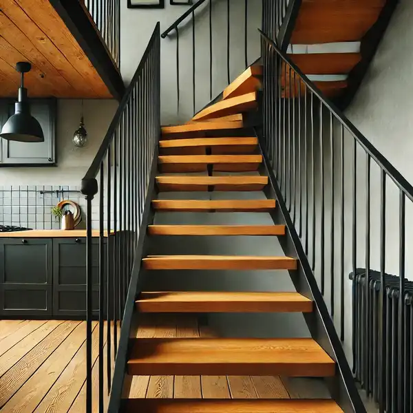 A black metal staircase with warm wooden treads, combining industrial and rustic charm