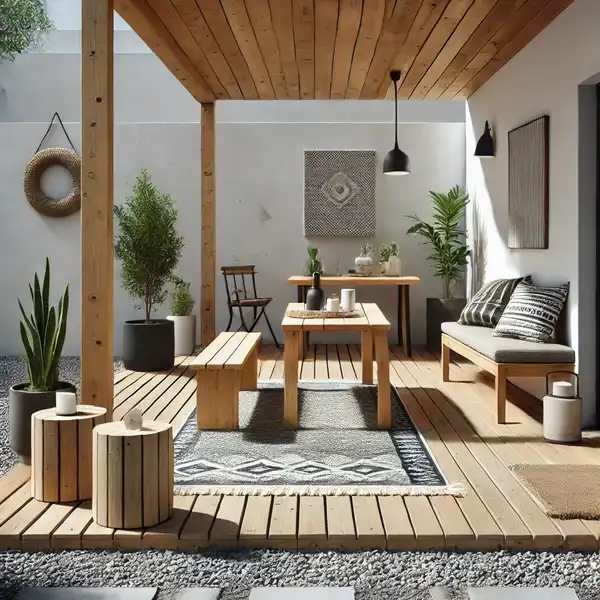 A budget friendly modern patio with gravel flooring and wooden decking