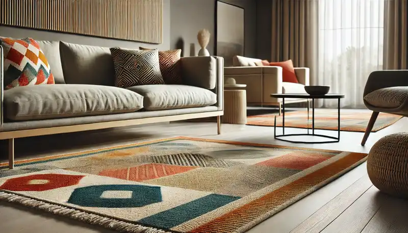 A close up view of a modern living room rug with a geometric design in bright colors