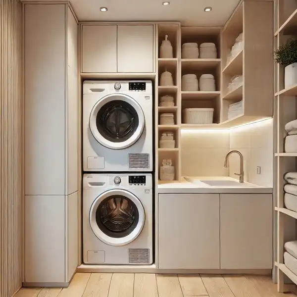 A compact modern laundry room featuring stackable washers and dryers in a small corner, designed to fit into tight