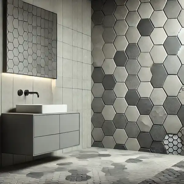 A contemporary bathroom featuring modern tile patterns and textures