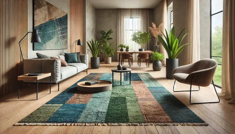 A contemporary living room featuring a bold, eco friendly rug made from recycled materials