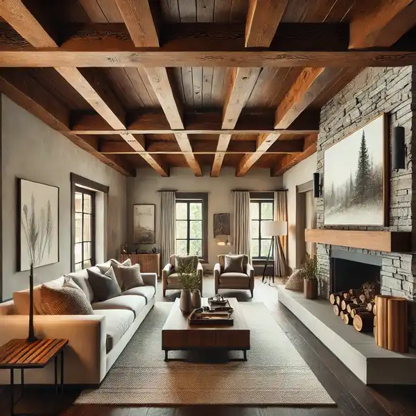 A cozy living room with exposed wooden beams running across the ceiling, offering a rustic yet modern feel