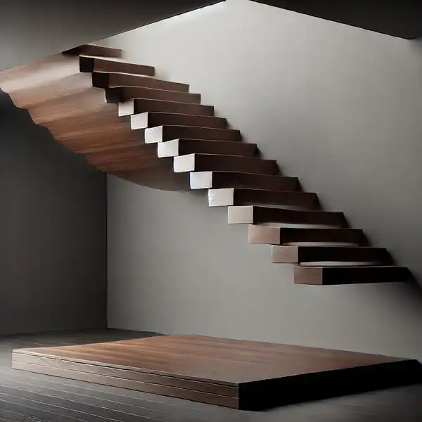 A dark wood floating staircase with elegant wooden steps and no visible supports