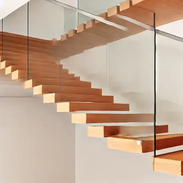 A floating wood and glass staircase with sleek wooden treads and transparent glass railings