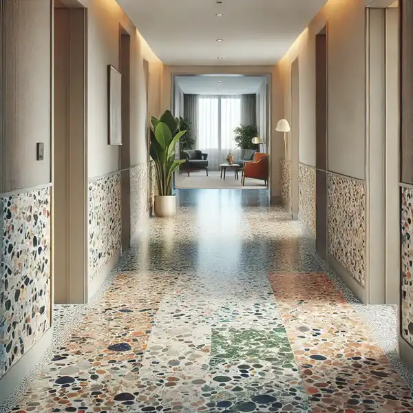 A hallway with terrazzo flooring, featuring speckled patterns of marble, quartz, and glass