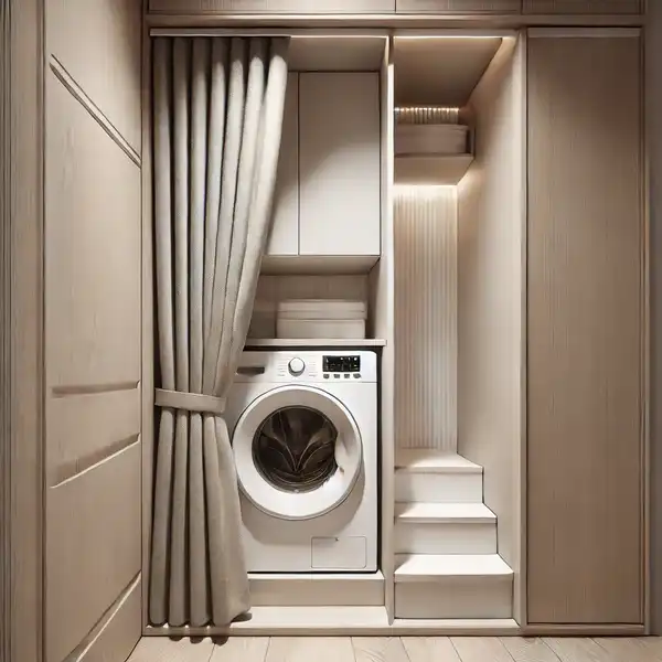 A hidden modern laundry space with a washer and dryer neatly tucked behind closet doors or a curtain