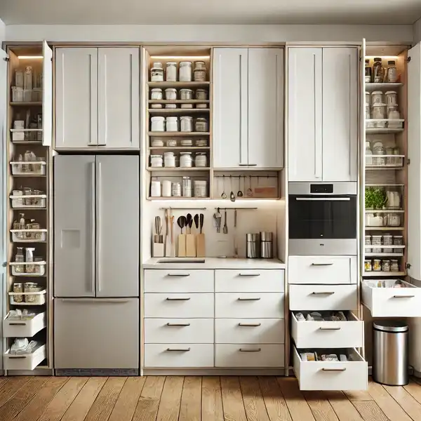 A kitchen with modern built in cabinets