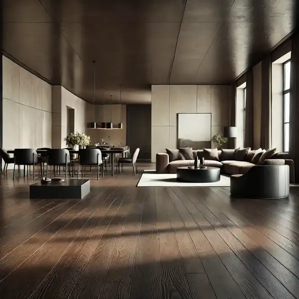 A large, open living space with dramatic dark floorin