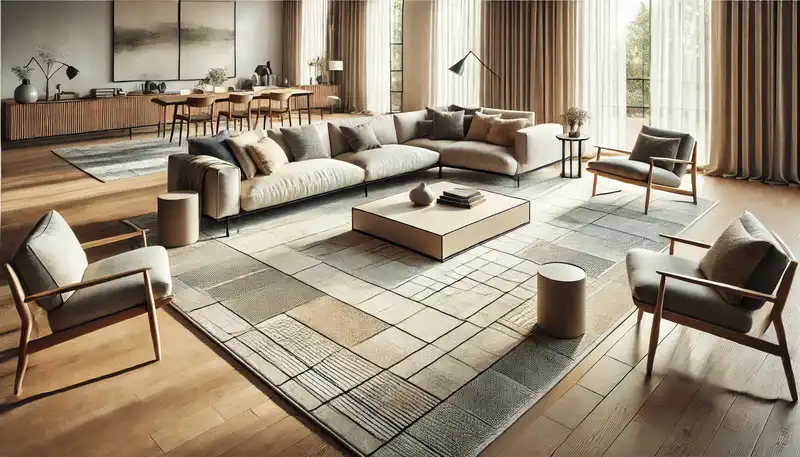 A large, spacious living room with all furniture legs placed on a contemporary