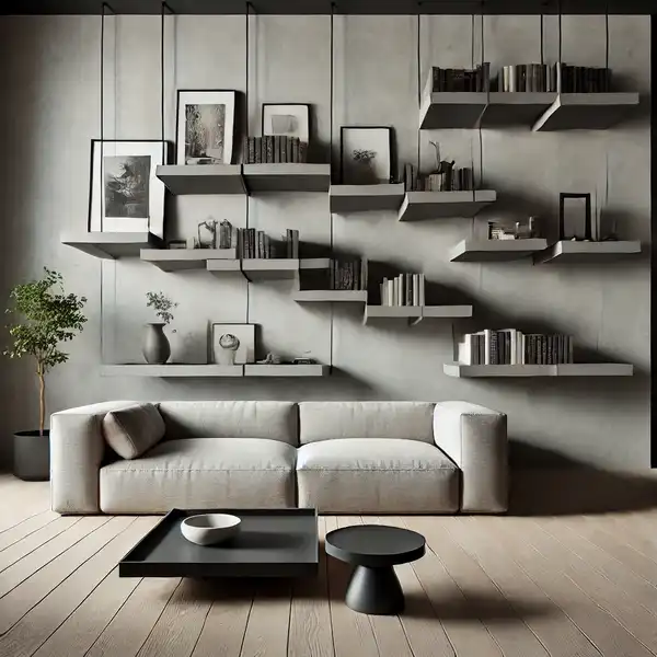 A living room featuring cantilevered shelves that jut out from the wall without visible supports