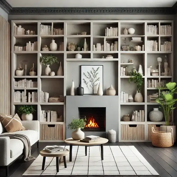 A living room with built in shelving surrounding a fireplace