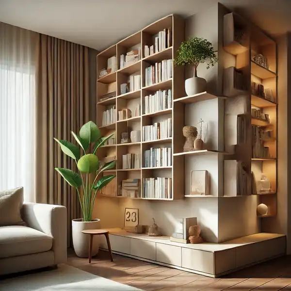 A living room with corner shelves fitted neatly into the room's corner