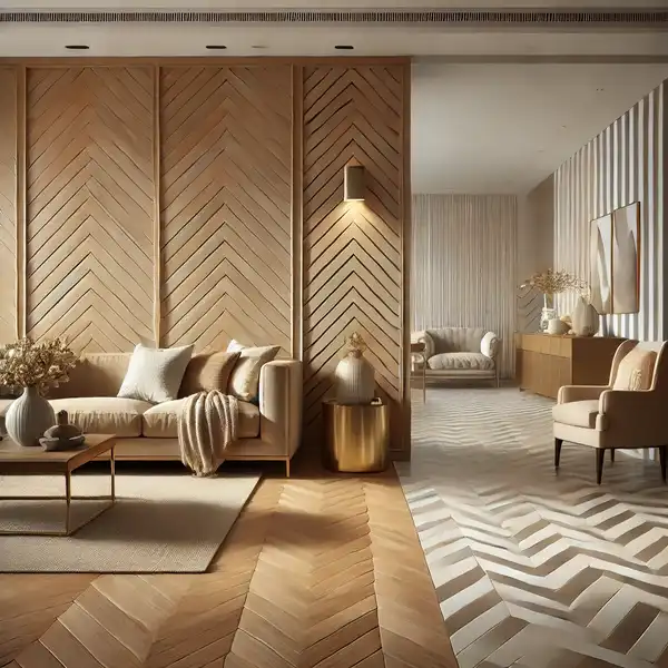 A living room with elegant herringbone and chevron patterned flooring