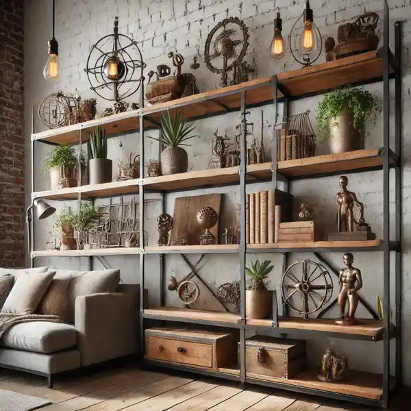 A living room with industrial style shelving that features a metal frame and wooden planks