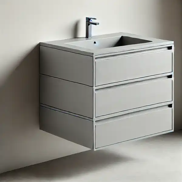 A minimalist bathroom vanity with a floating design, featuring push to open drawers.and