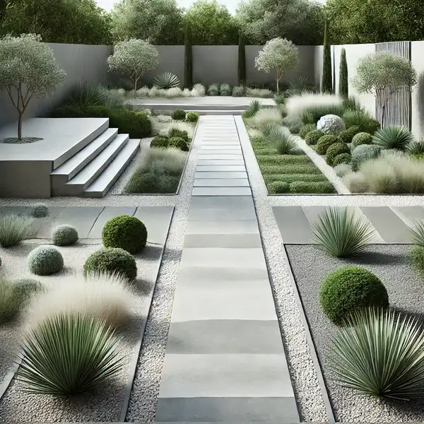 A minimalist garden design featuring simple, clean lines, neutral colors like green, white, and grey