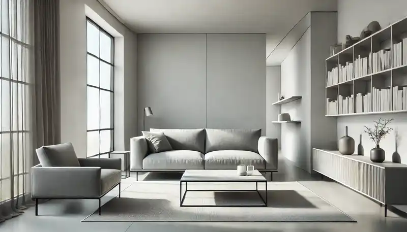 A minimalist living room with a sleek, low-profile grey sofa, a simple coffee table, and modern shelving for storage