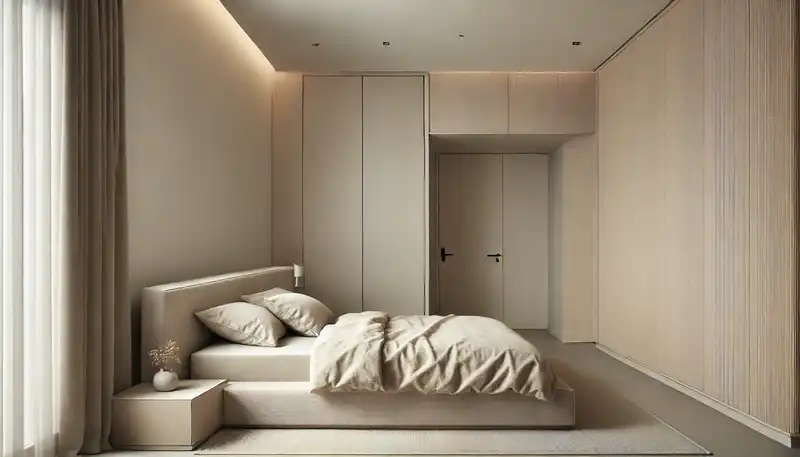 A minimalist modern bedroom with neutral tones, featuring a low-profile bed with simple bedding