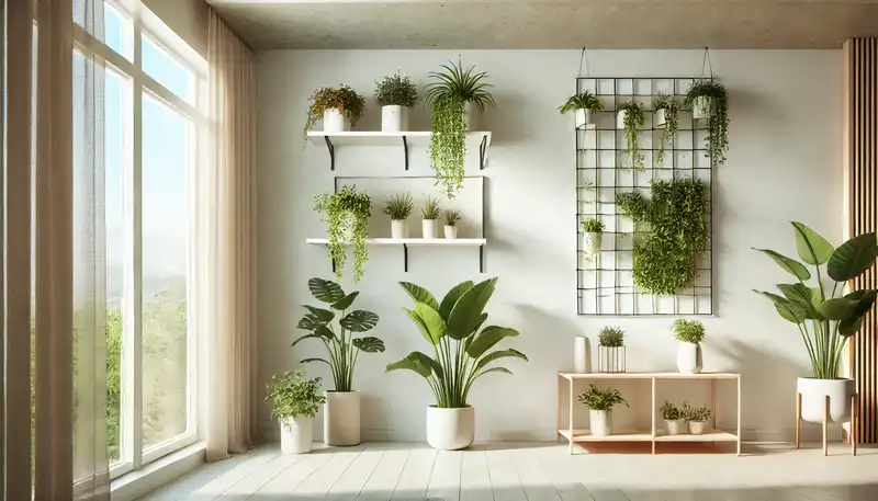 A modern apartment interior featuring indoor plants, with simple potted plants