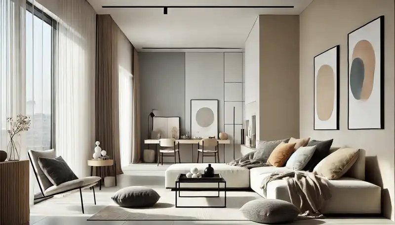 A modern apartment interior with a neutral color palette, featuring shades of white, grey, beige, and black