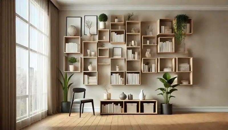 A modern apartment interior with floating shelves holding books, plants, and simple decor