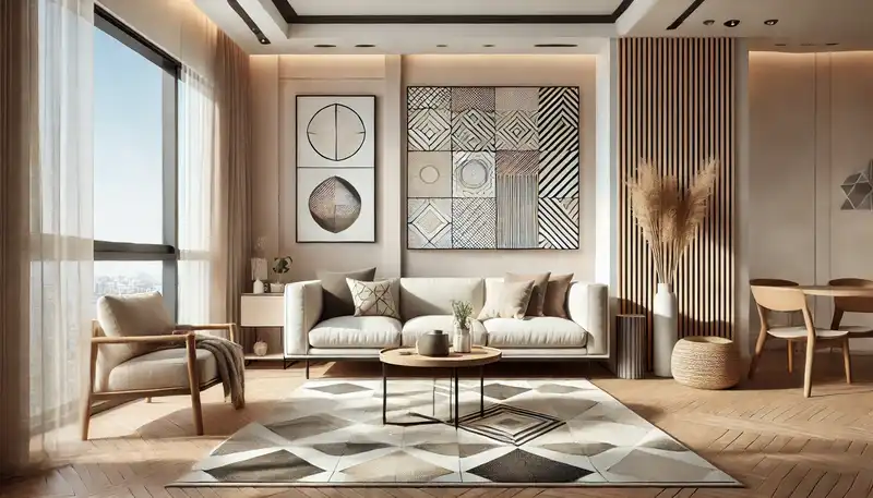 A modern apartment living room featuring geometric art on the wall, a minimalist rug with geometric patterns, and simple furniture