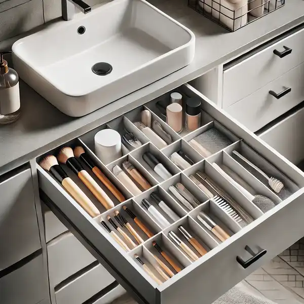 A modern bathroom drawer organizer with dividers neatly separating makeup brushes, toothbrushes, and toiletries