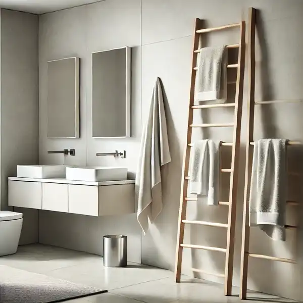 A modern bathroom featuring ladder style towel racks leaning against the wall