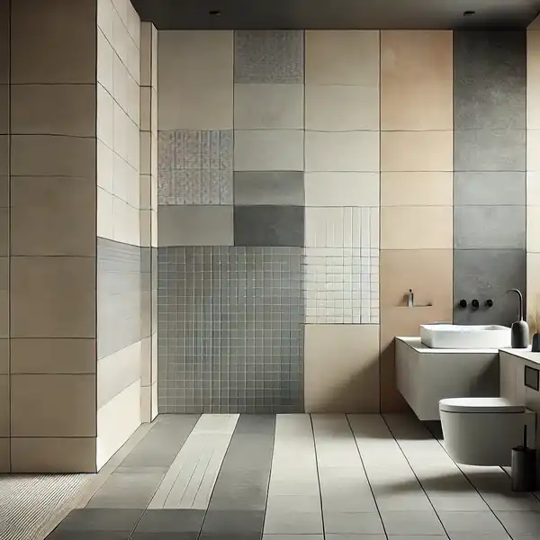 A modern bathroom showcasing contemporary tiles in various shades of gray, beige, and white