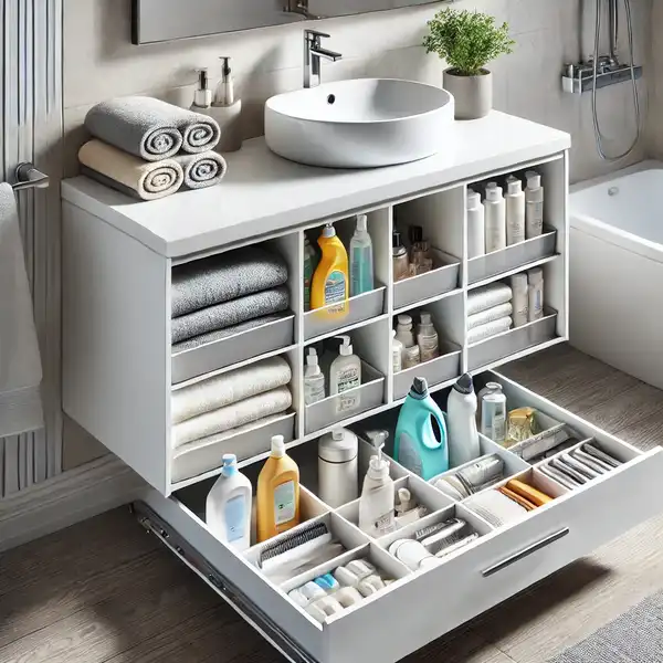 A modern bathroom under sink organizer with pull out drawers and shelves neatly storing towels, cleaning supplies, and toiletries