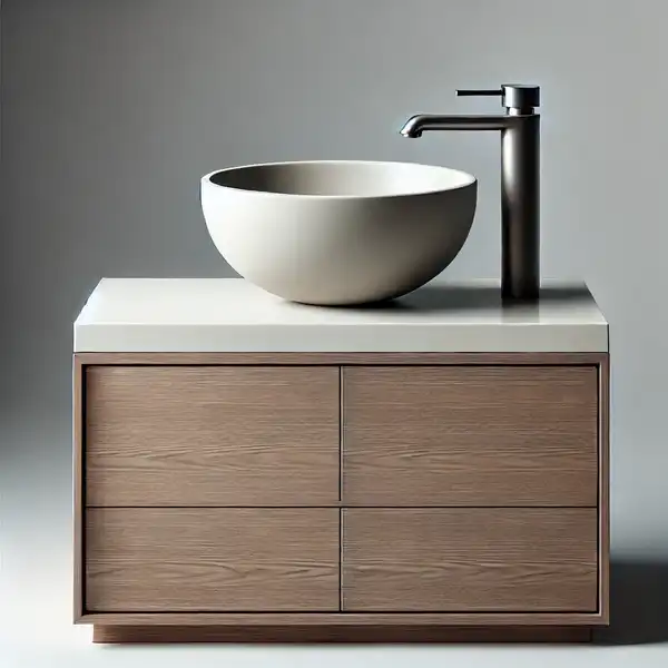 A modern bathroom vanity with a vessel sink sitting on top of the counter