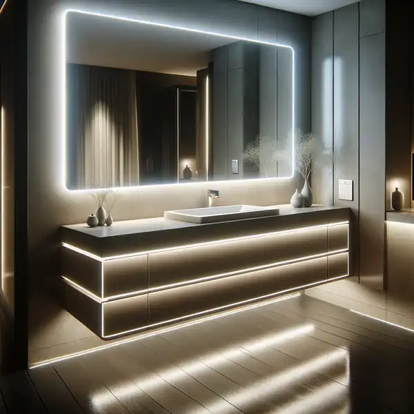 A modern bathroom vanity with integrated vanity lighting