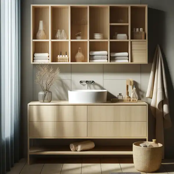 A modern bathroom vanity with open shelving instead of closed cabinets