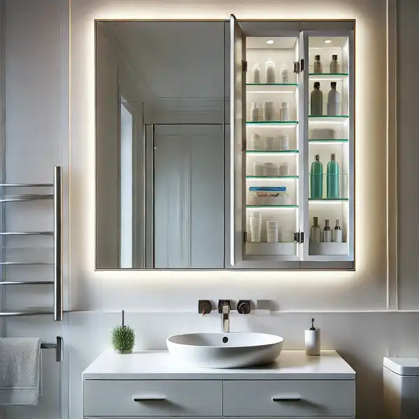 A modern bathroom with a mirror cabinet above the sink