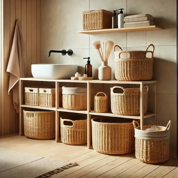 A modern bathroom with basket storage made from natural wicker materials