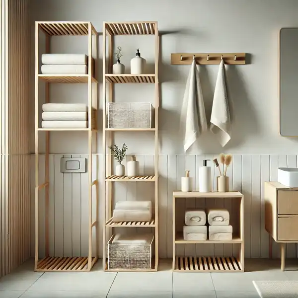 A modern bathroom with freestanding storage units, including small shelving racks for towels and toiletries