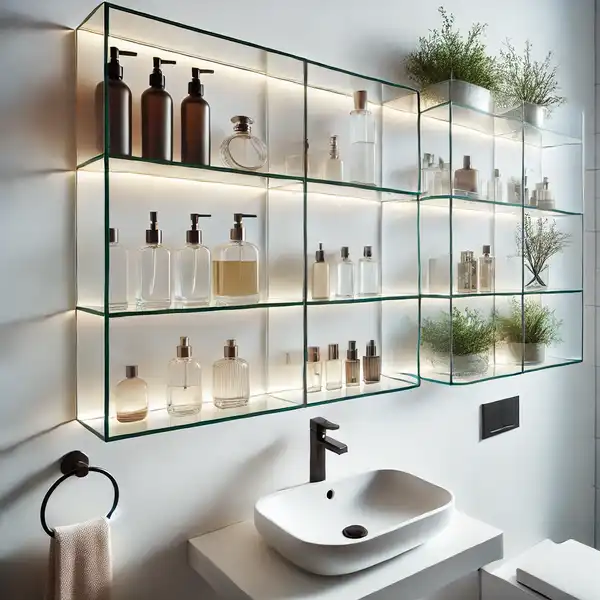 A modern bathroom with glass shelves installed above the sink