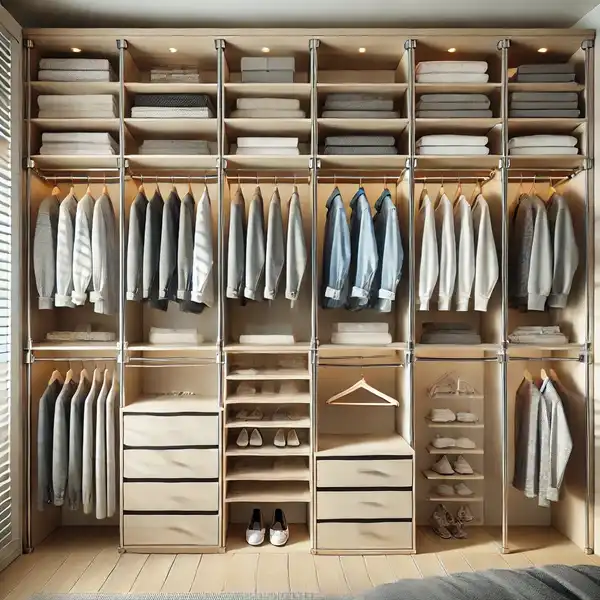 A modern closet featuring adjustable closet systems, showcasing customizable shelves, rods, and drawers