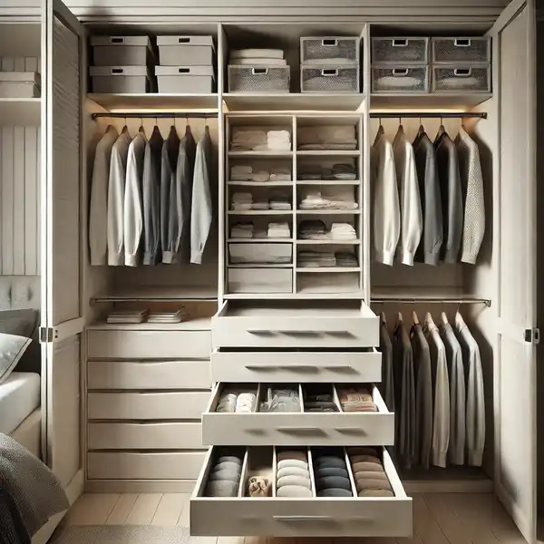 A modern closet showcasing smart pull out drawers and shelves