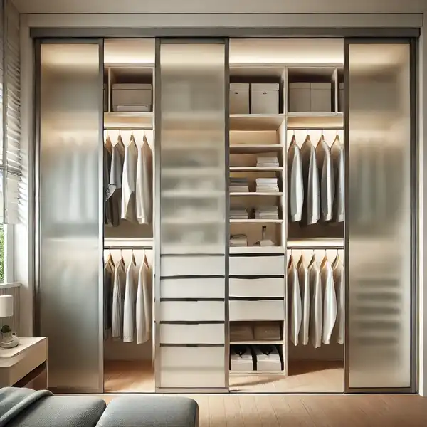 A modern closet with sleek sliding glass doors, featuring a frosted glass design for privacy and style