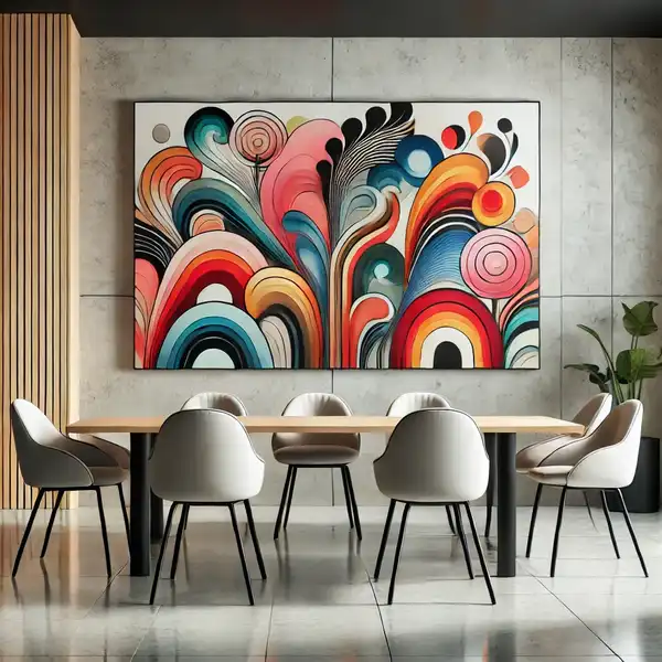 A modern dining room featuring bold abstract art on the wall