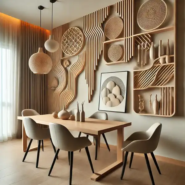 A modern dining room featuring functional art, such as artistic shelves or decorative storage pieces