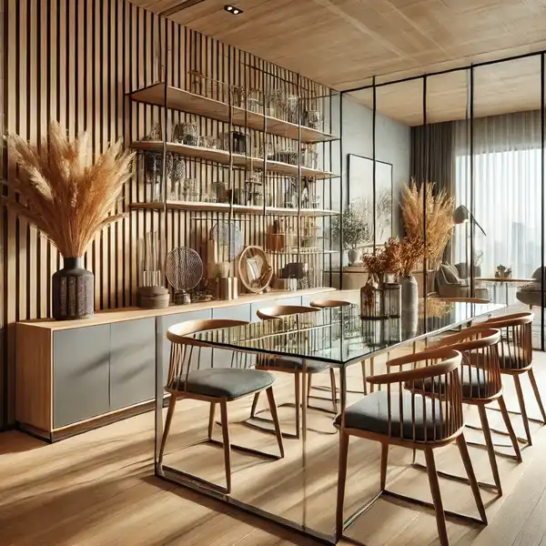 A modern dining room featuring mixed materials like wood, glass, and metal