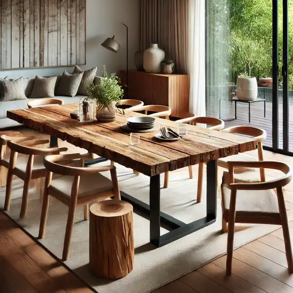 A modern dining room featuring sustainable furniture made from eco friendly materials like bamboo or reclaimed wood