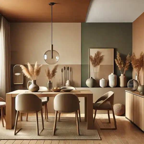 A modern dining room using warm earthy tones like browns, beiges, and sage greens