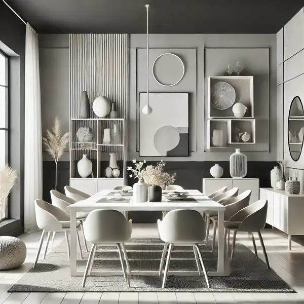 A modern dining room with a monochromatic style